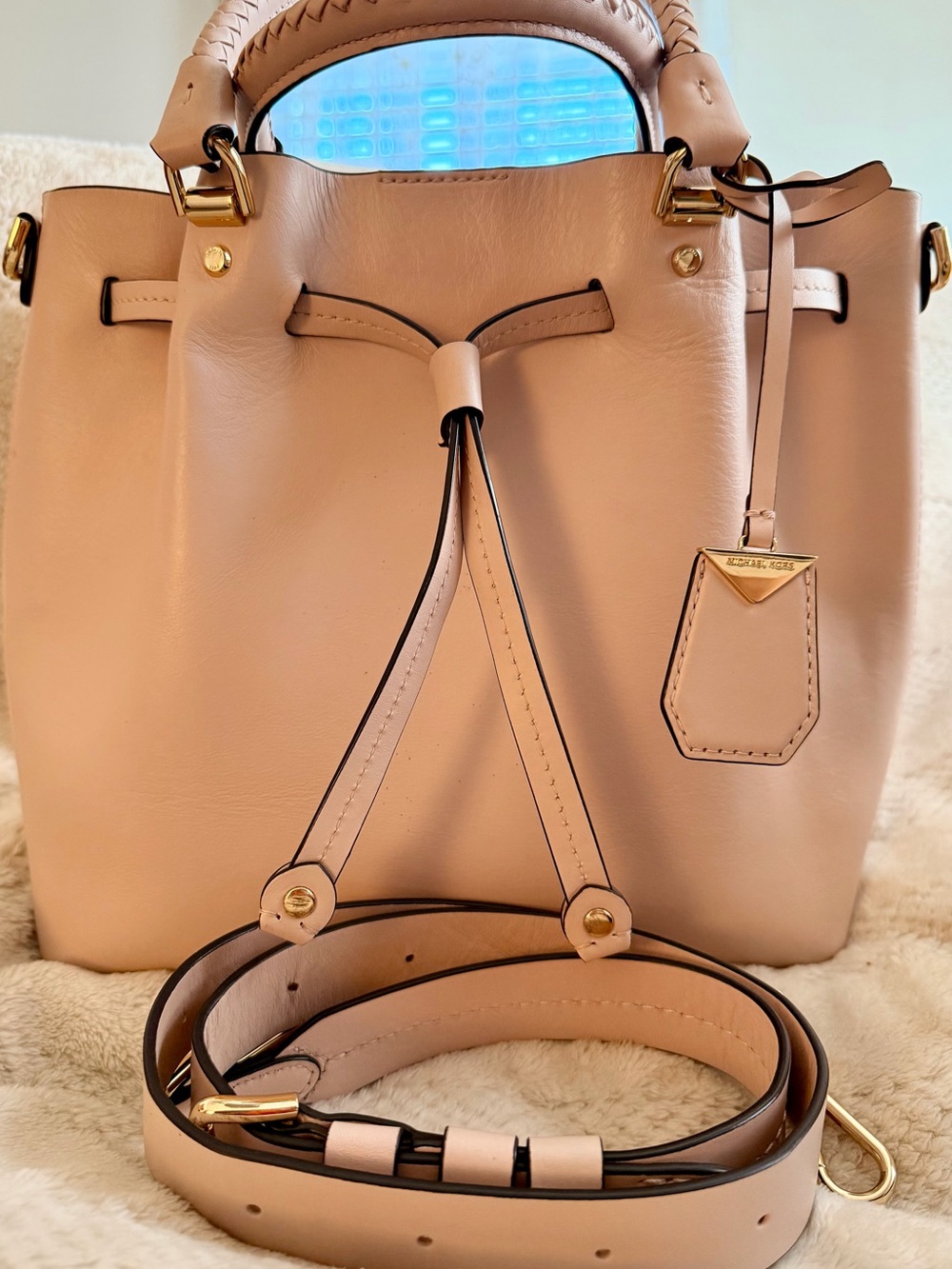 Michael Kors Blush Leather Drawstring Shoulder Bucket Bag